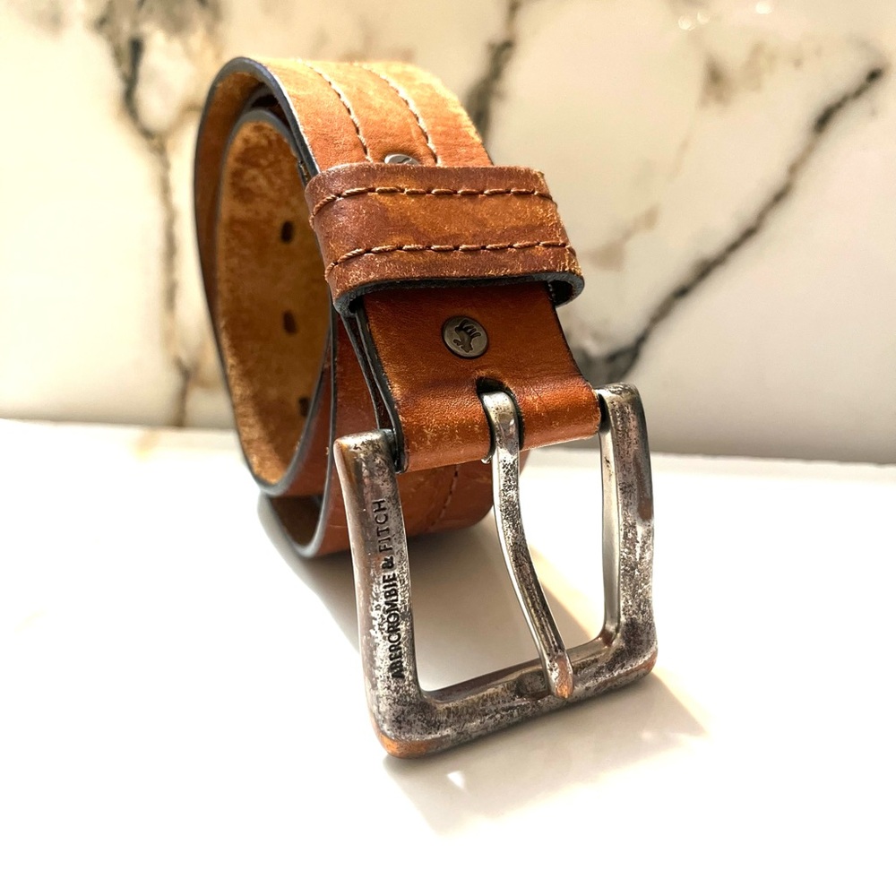Abercrombie & Fitch Tan Leather Belt with Distressed Silver Buckle